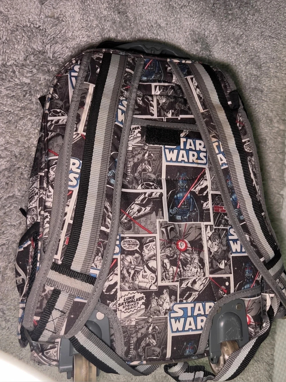 Pottery Barn Star Wars Black and Gray Comic Graphic Rolling Backpack 3 Pockets
